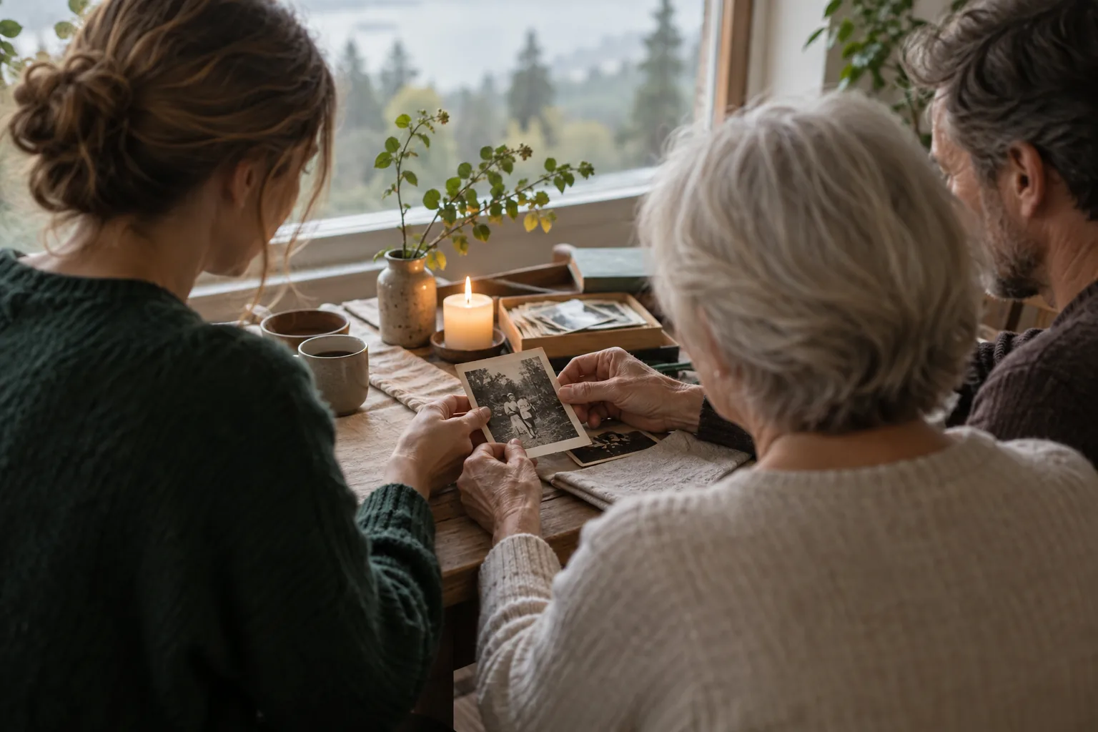 Symbolisches Bild einer Familie, die gemeinsam Erinnerungsfotos betrachtet