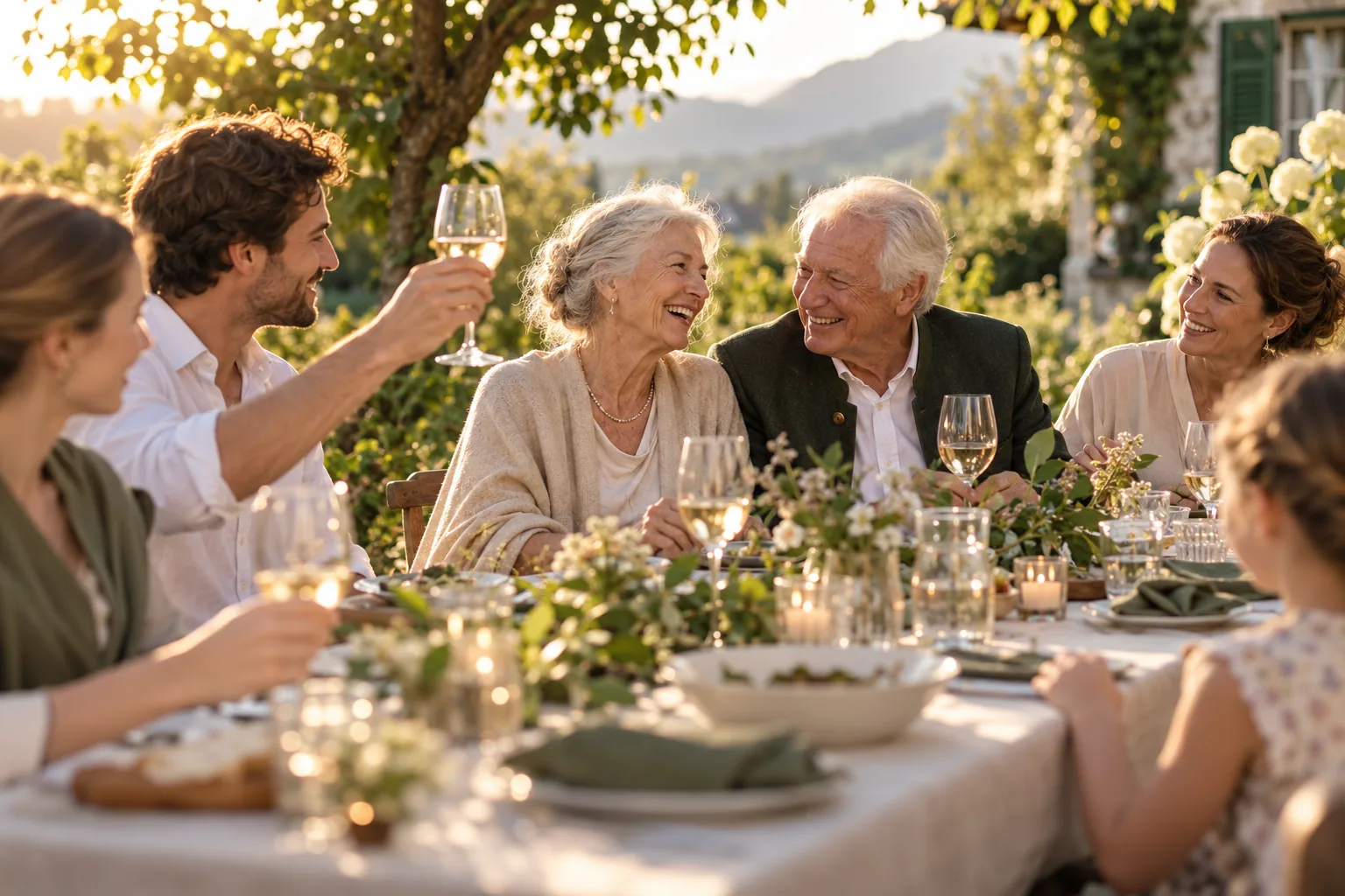 Symbolisches Bild einer Familie, die ein Jubiläum im Garten feiert