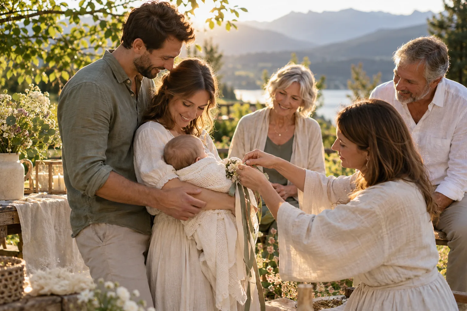 Symbolisches Bild einer Familie bei einer Willkommensfeier für ihr Kind